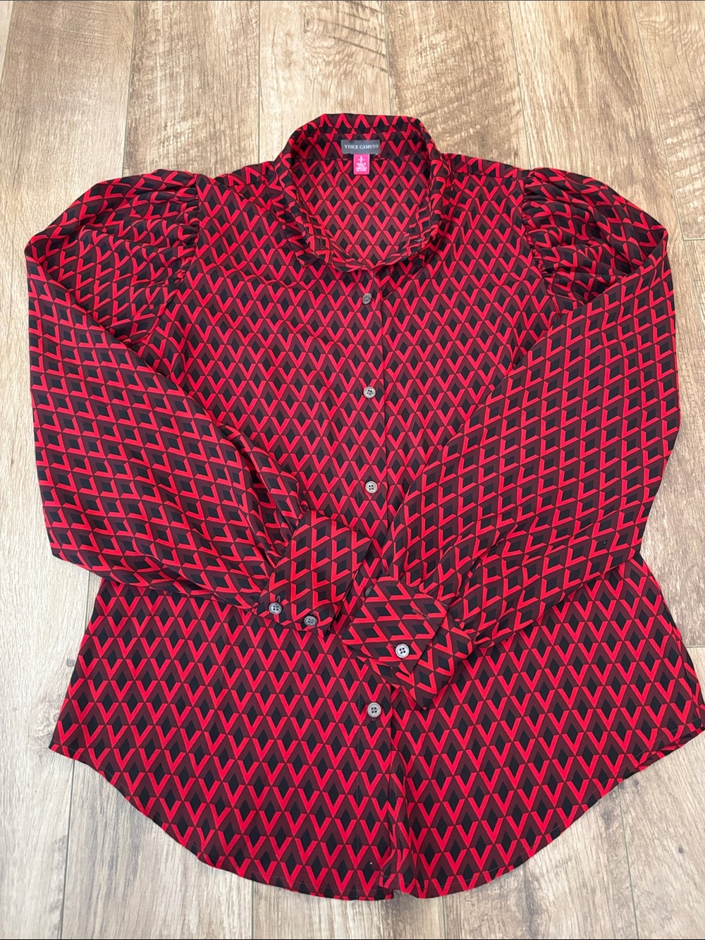 Vince Camuto Red and Black Geometric Button-Down Blouse